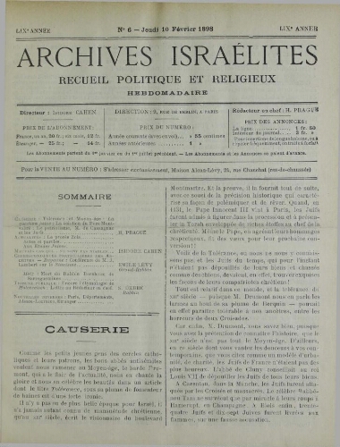 Archives israélites de France. Vol.59 N°06 (10 févr. 1898)